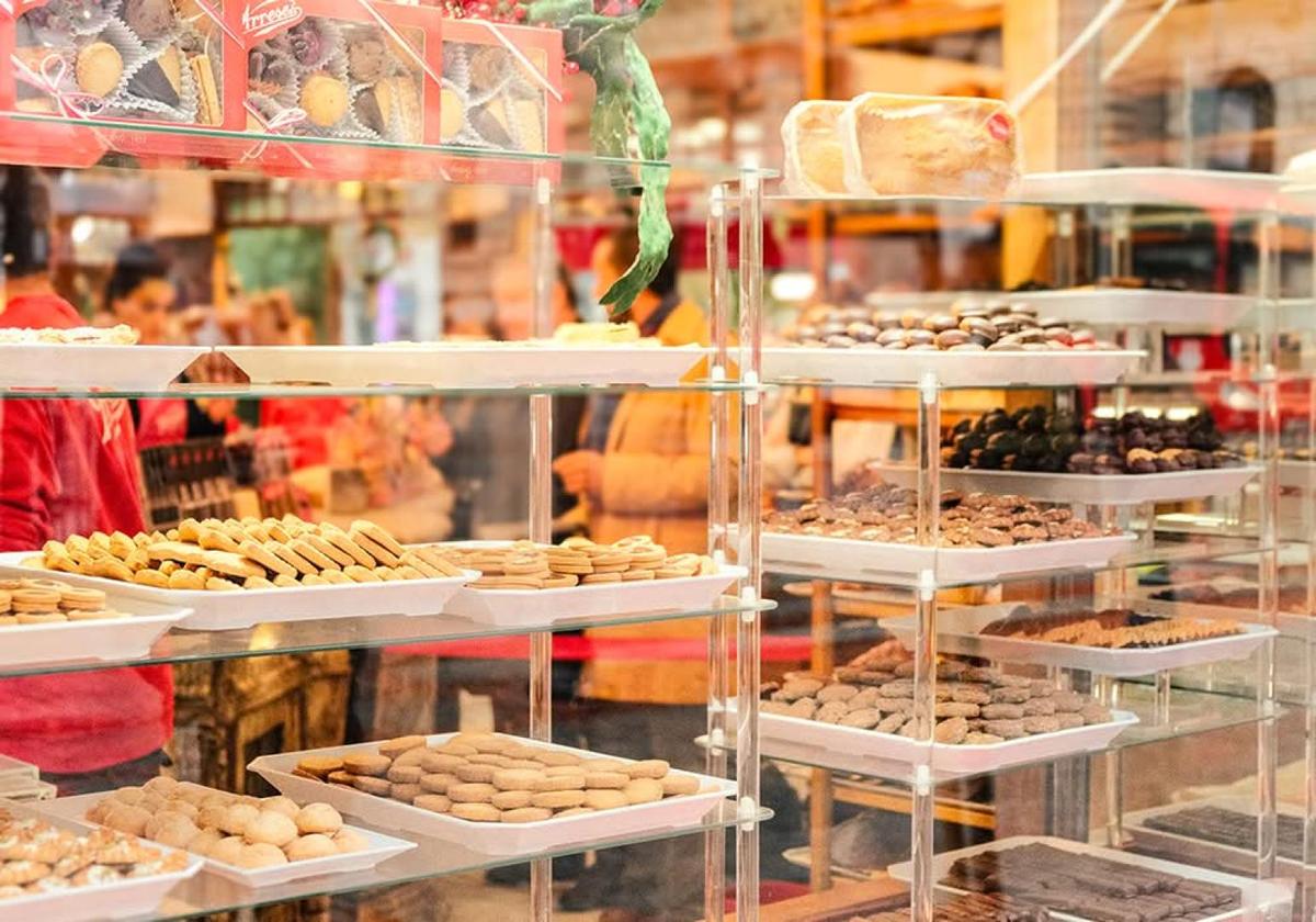 Pastry display inside a bakery in Bilbao