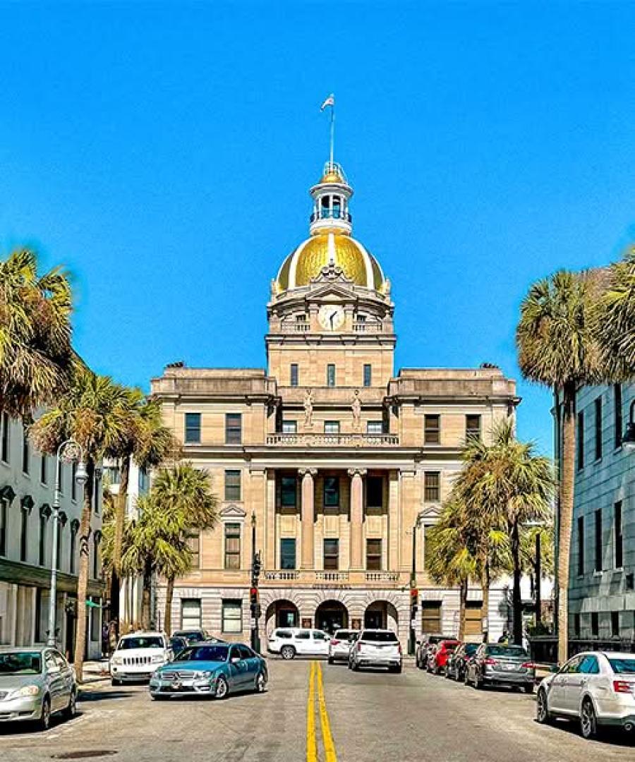Savannah City Hall with gold dome and palm-lined street view